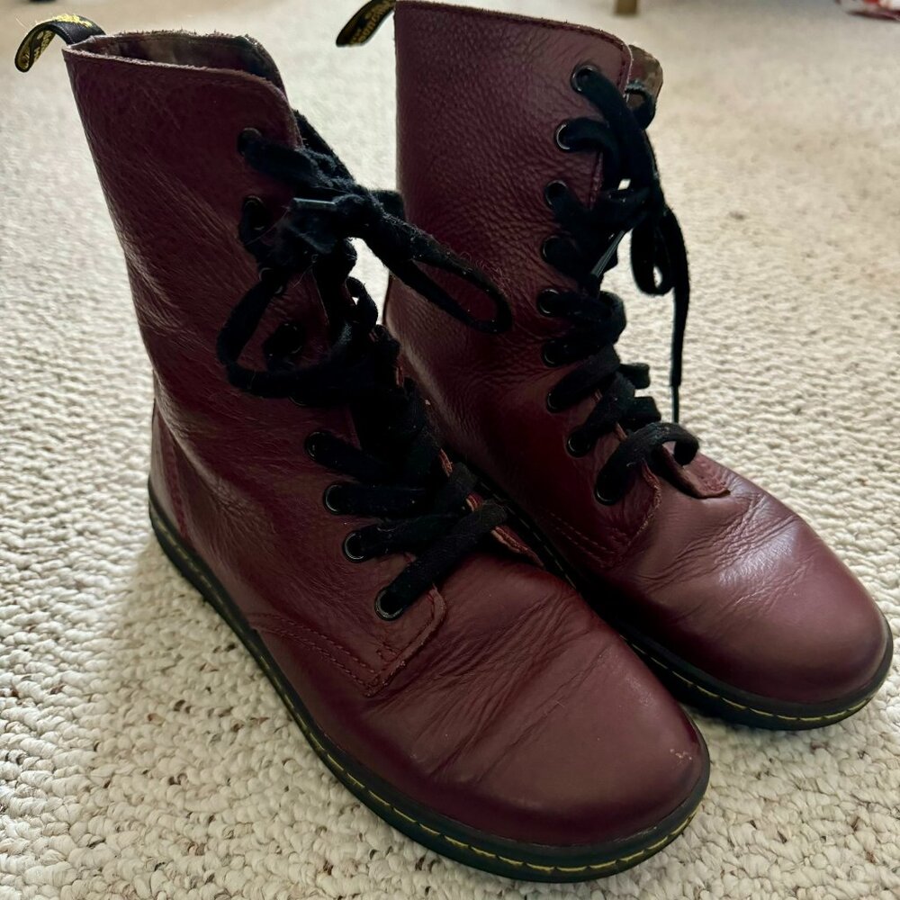 Dr. Martens Stratford burgundy leather boots w/ floral lining, women's size 6